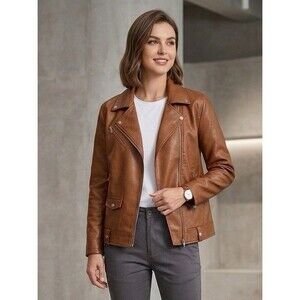 7 For All Mankind Brown Faux Leather Moto Jacket Asymmetrical Women’s Medium